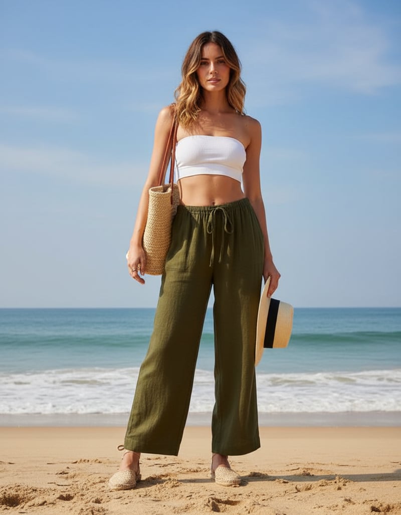 Olive Green Wide-Leg Drawstring Trousers with Patch Pockets