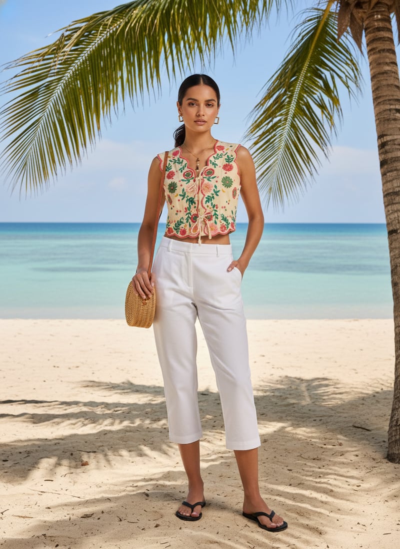 Cream Embroidered Tie-Up Crop Top