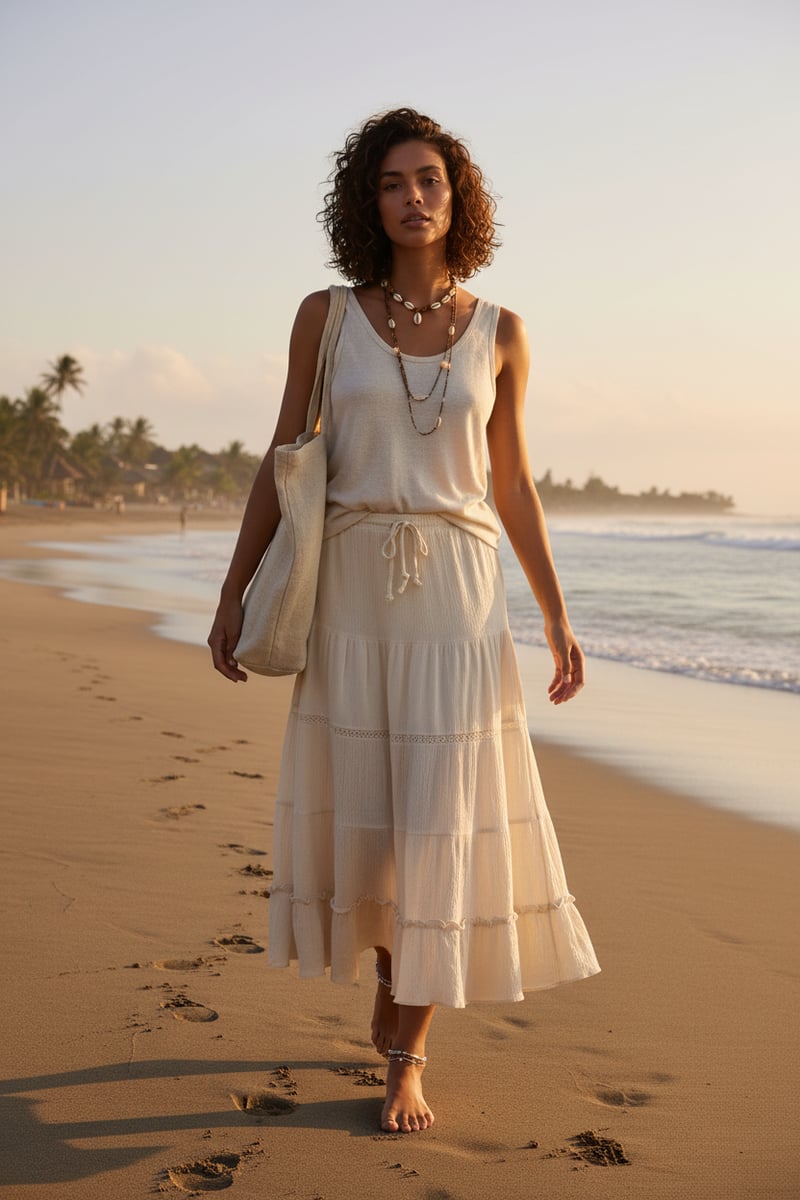 Natural Tiered Midi Skirt with Drawstring Waist