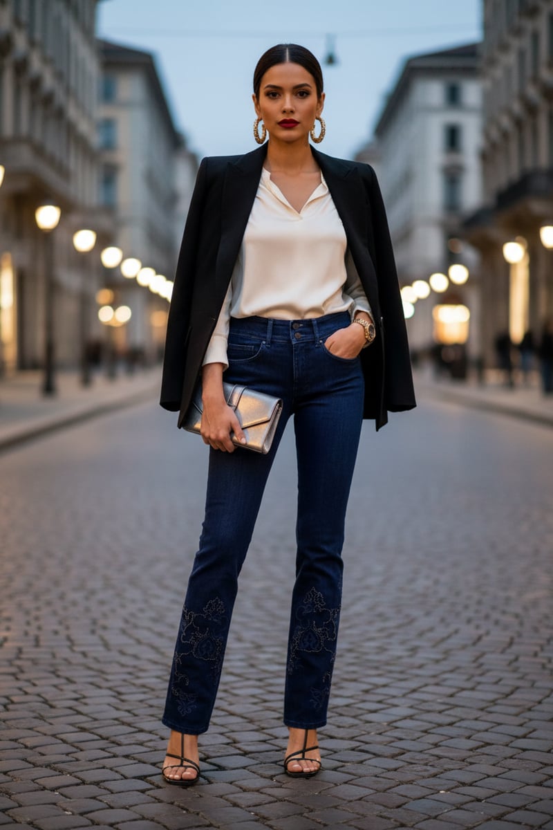 Blue High-Rise Bootcut Jeans with Embellished Hem