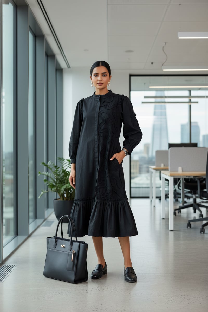 SHIRT DRESS WITH PLEATED FRILL DETAILING ON ONE SIDE