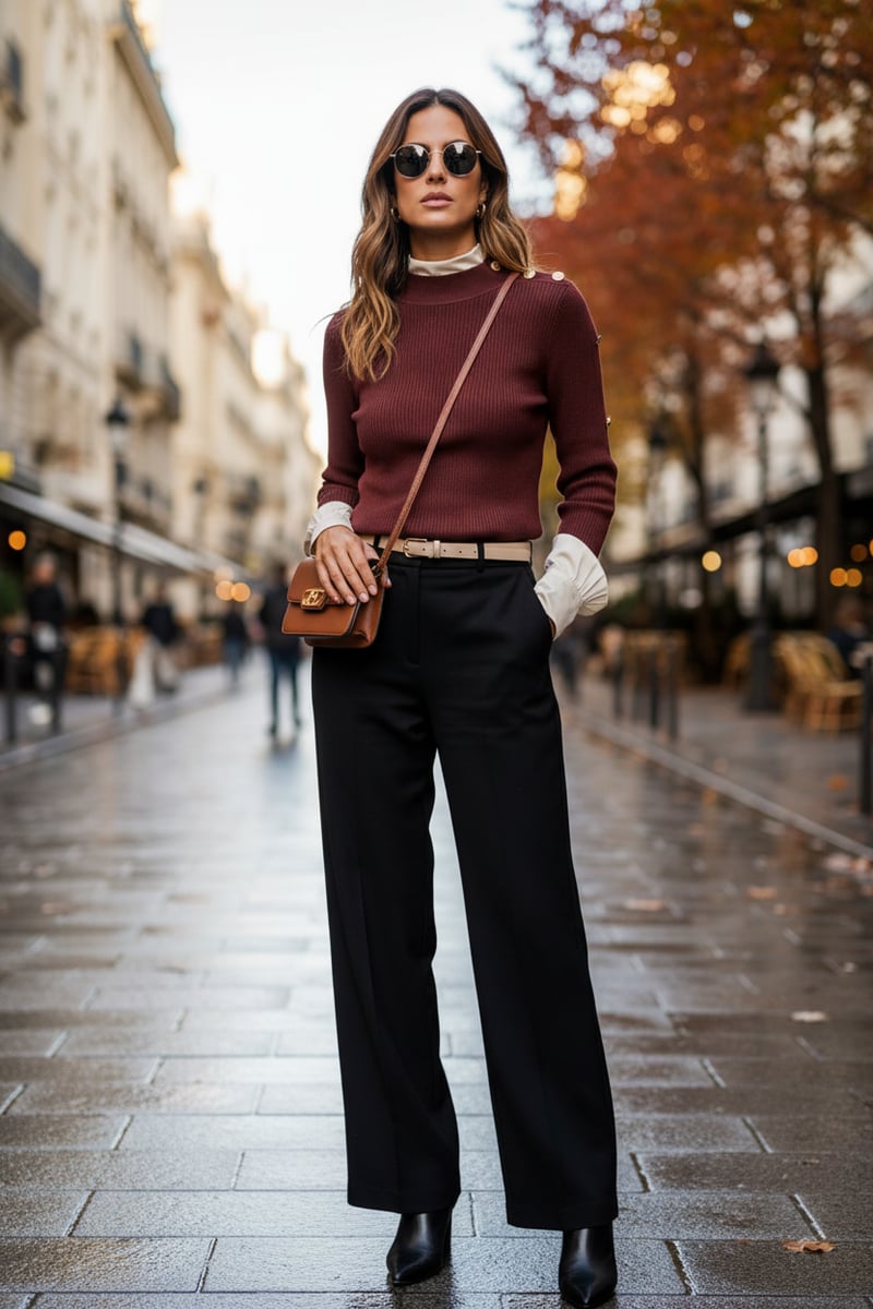 Medium Brown Rib-Knit High Neck Sweater with Button Detail
