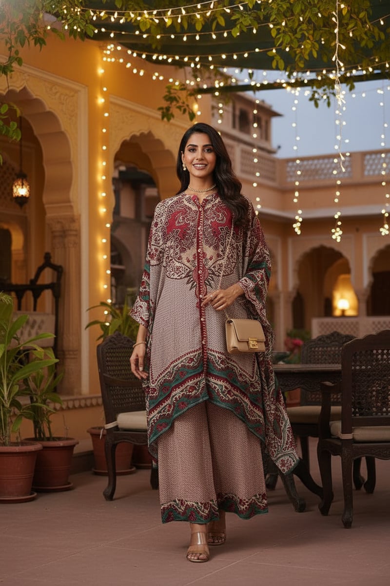 Printed Kaftan Top and Wide-Leg Pants Co-ord Set