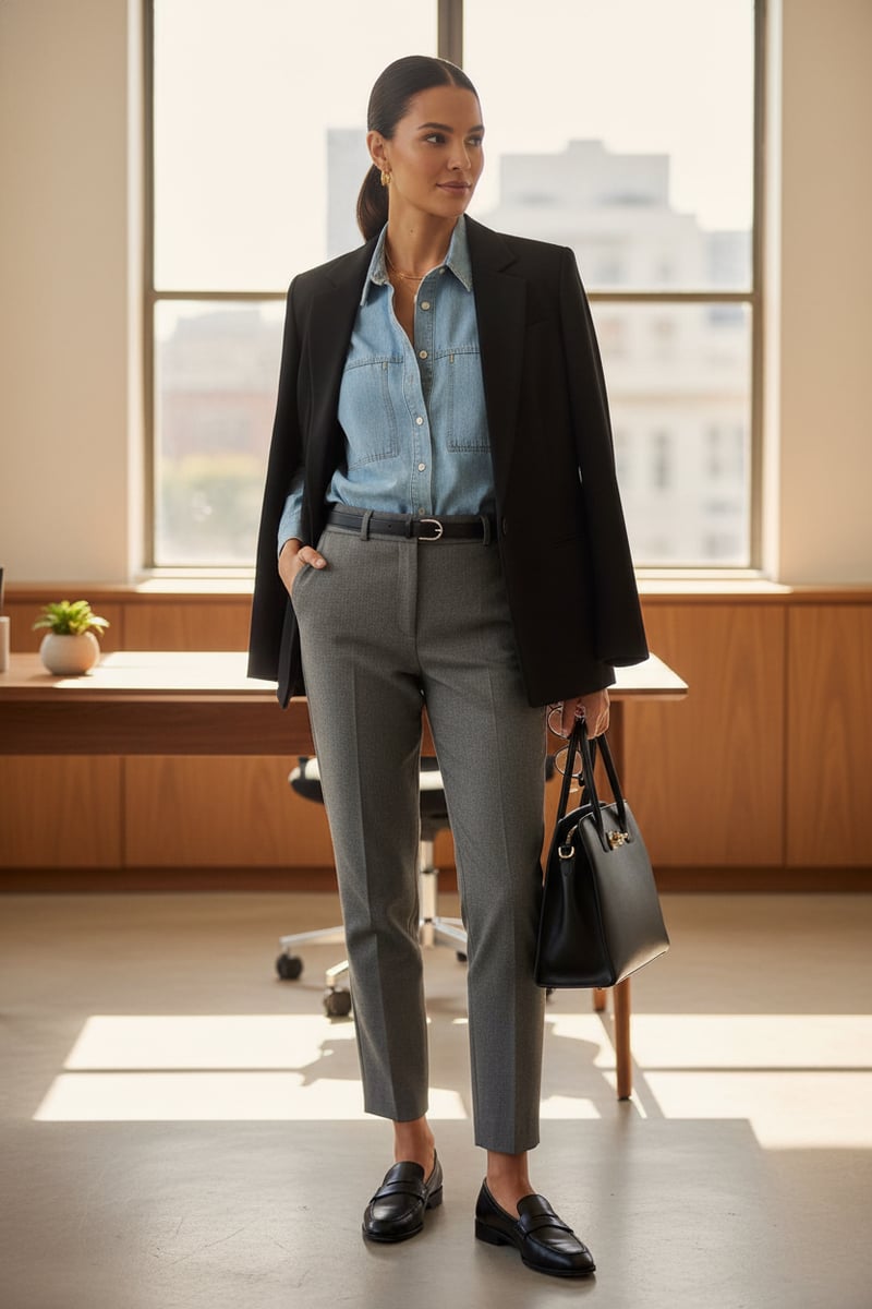 Light Blue Denim Button-Down Shirt with Patch Pockets