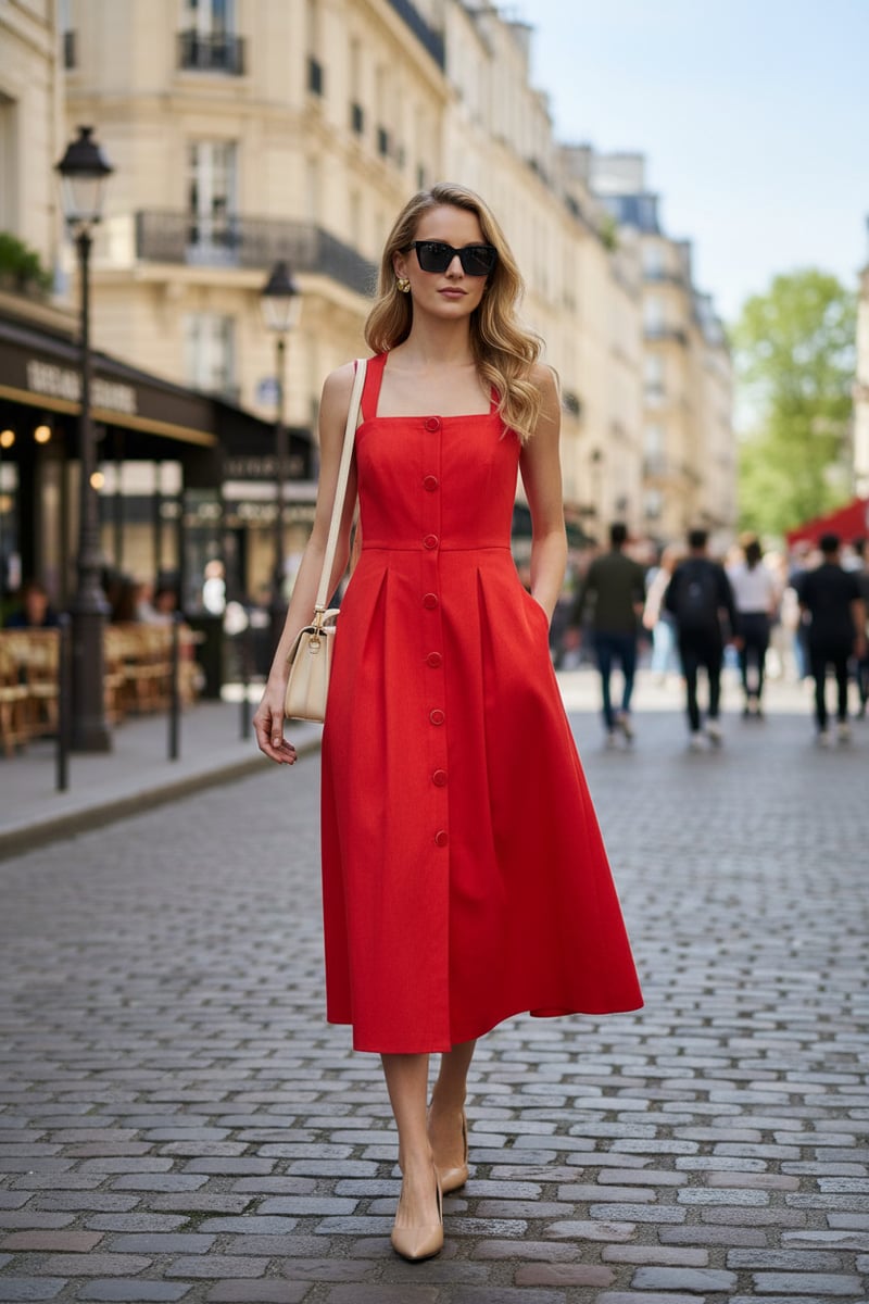 Red Fit and Flare Midi Dress with Button Front