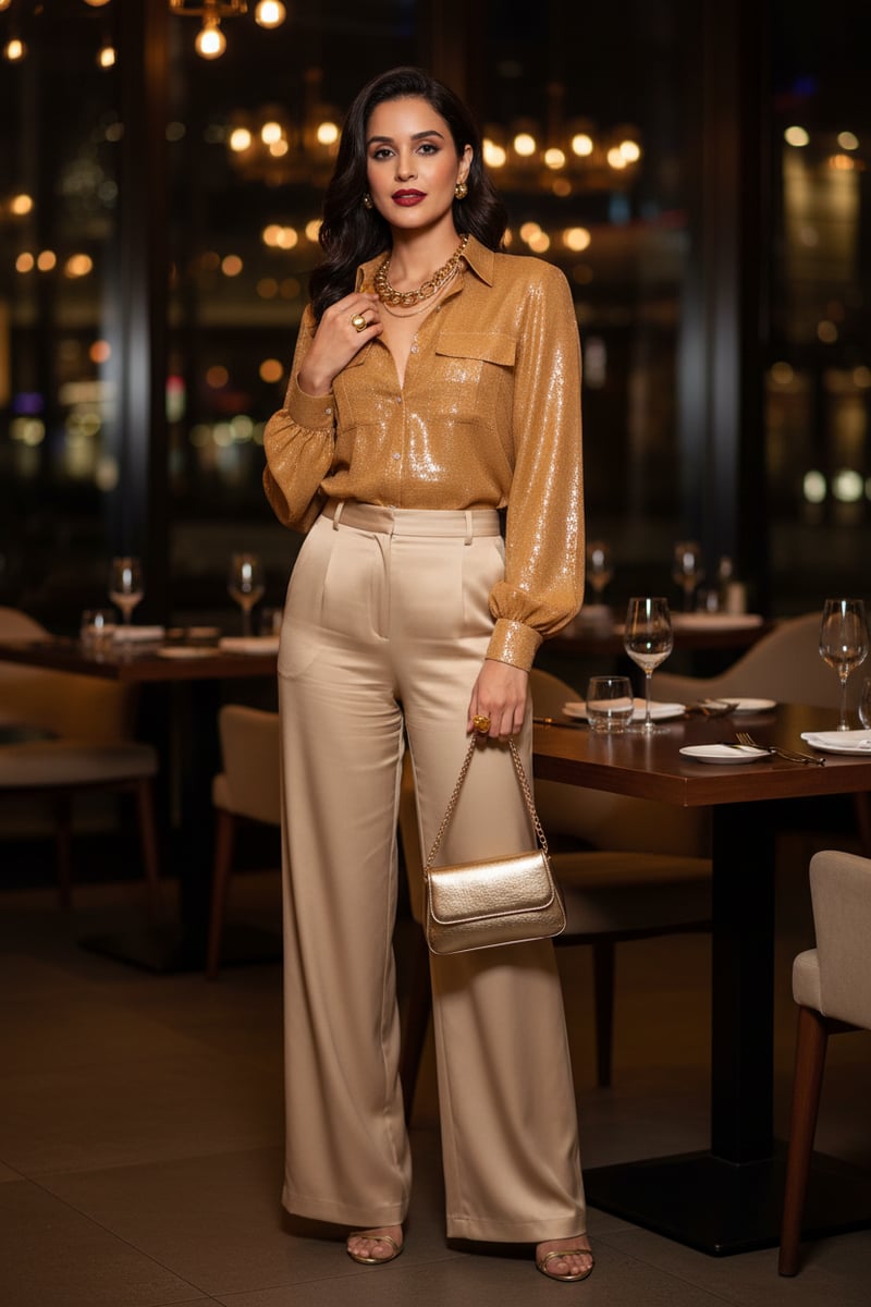 Burnt Gold Sequin Button-Down Shirt with Balloon Sleeves