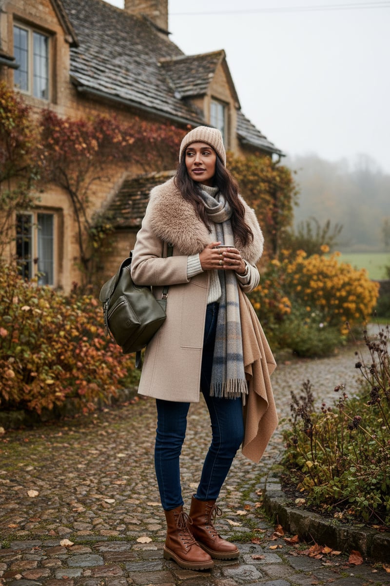 Medium Beige Longline Wool-Blend Coat with Fur Collar