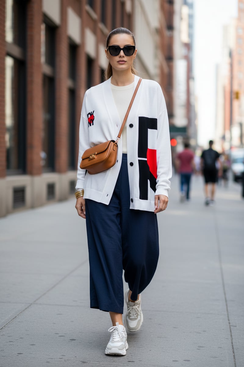 White Colorblock Graphic Button-Up Longline Cardigan