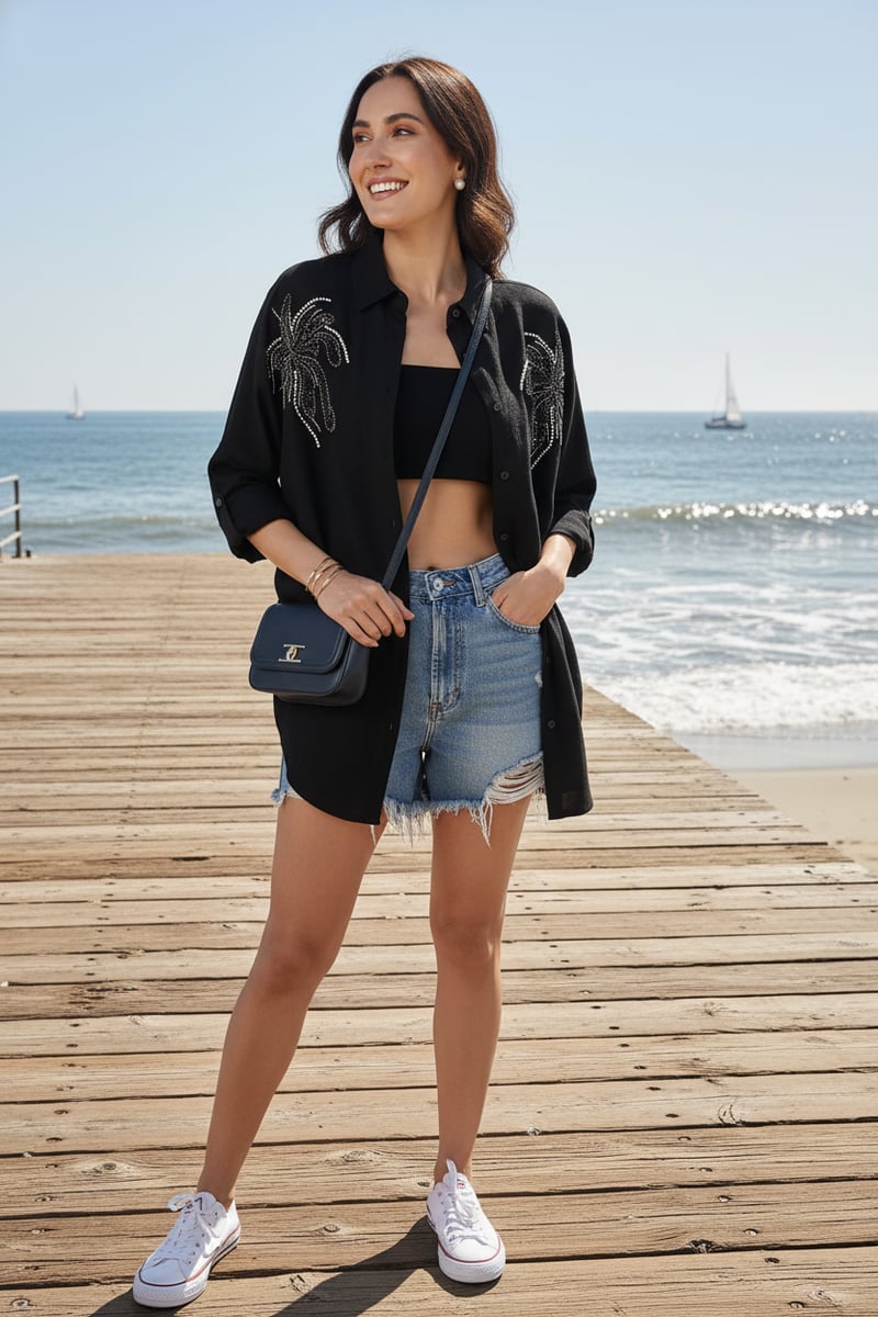 Black Embellished Longline Button-Down Shirt