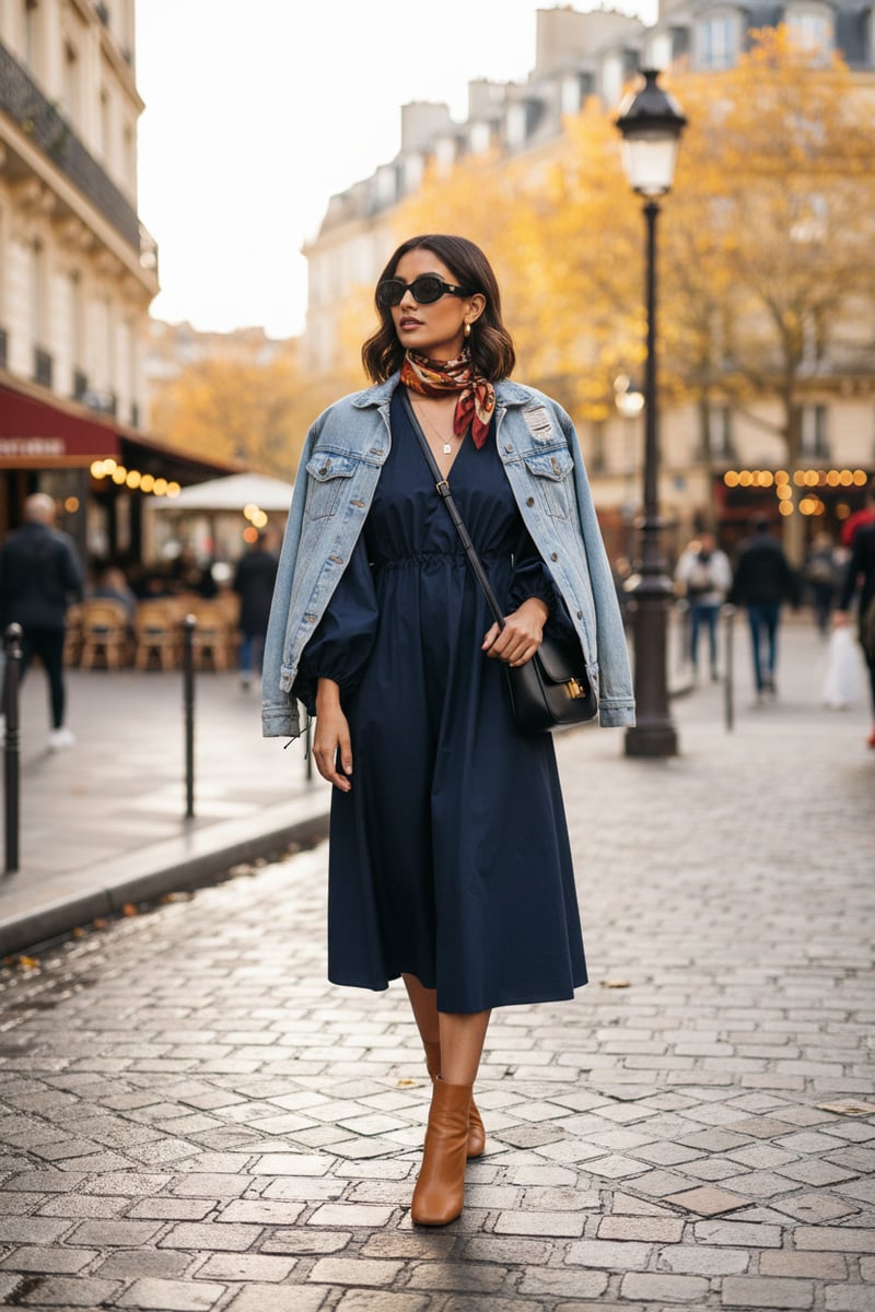Navy Poplin Midi Dress with Cinched Waist and Balloon Sleeves