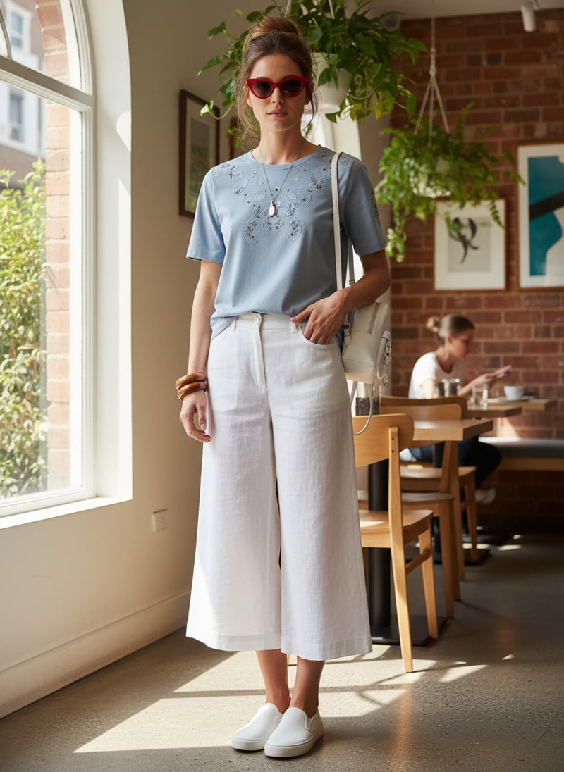 Baby Blue Embroidered Cotton Jersey T-shirt