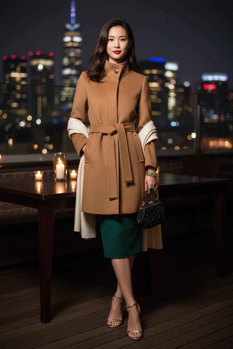 Dark Beige Wool-Blend Belted High-Neck Coat