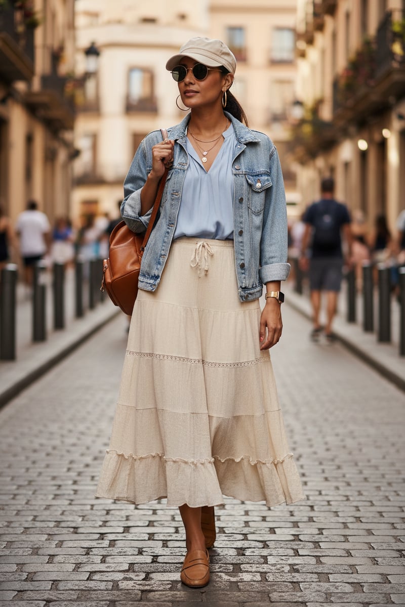 Natural Tiered Midi Skirt with Drawstring Waist