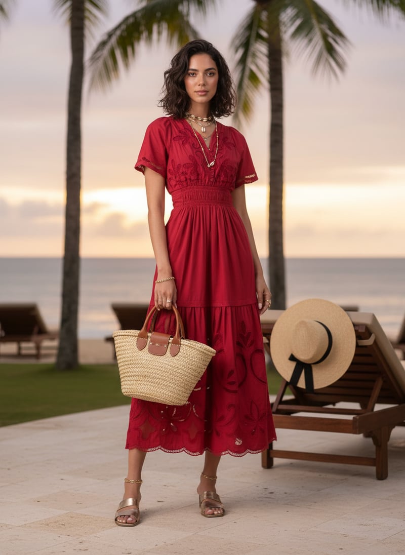 Red Cutwork Tiered Maxi Dress with Smocked Waist
