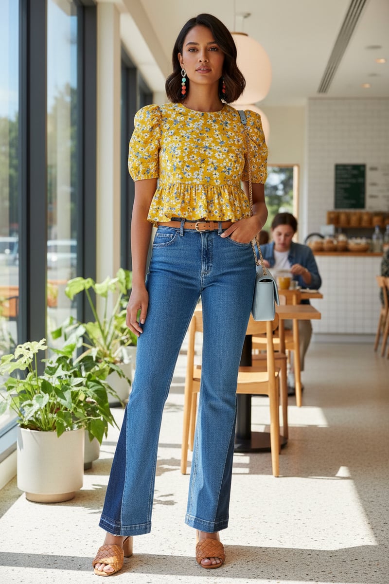 Blue High-Waist Flared Jeans with Zip and Button Closure