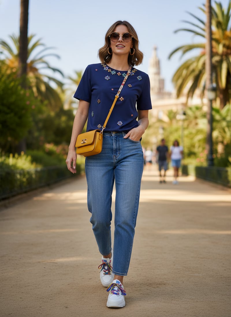 Blue Embellished Round-Neck Cotton Jersey T-Shirt