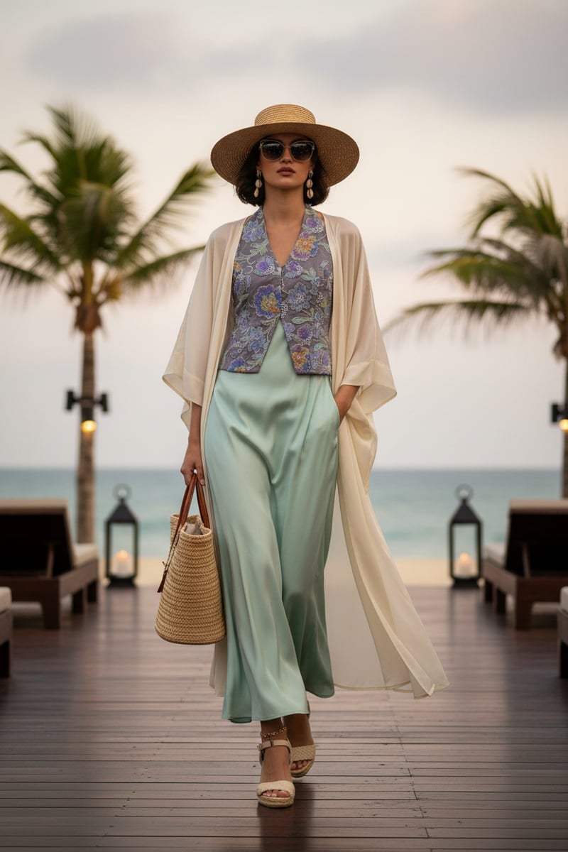 Periwinkle Halter Embroidered & Beaded Net Waistcoat