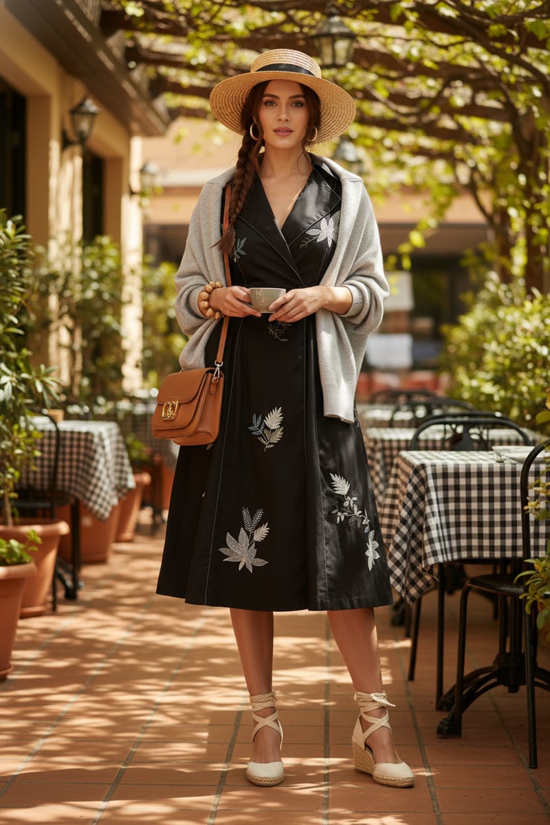 Black Suiting Wrap Midi Dress with Botanical Embroidery