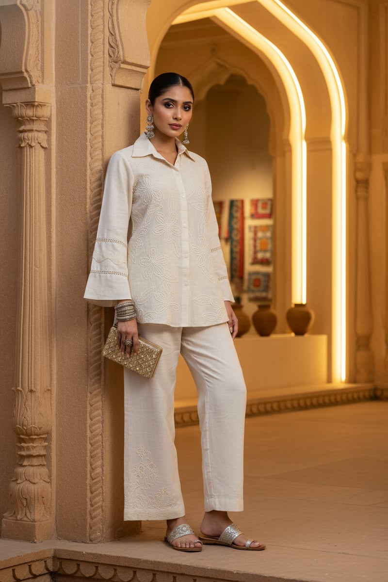 Cream Hand-Embroidered Cotton Co-ord Set