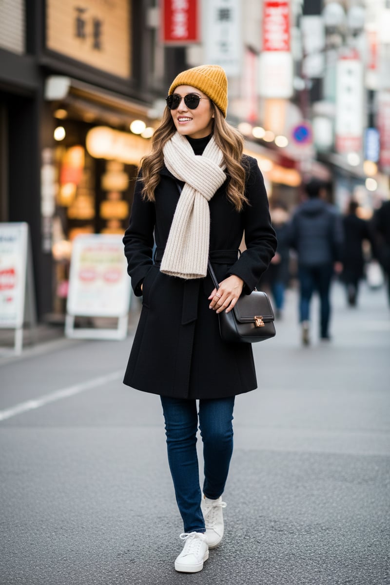 Black Tailored Wool-Blend Belted Coat