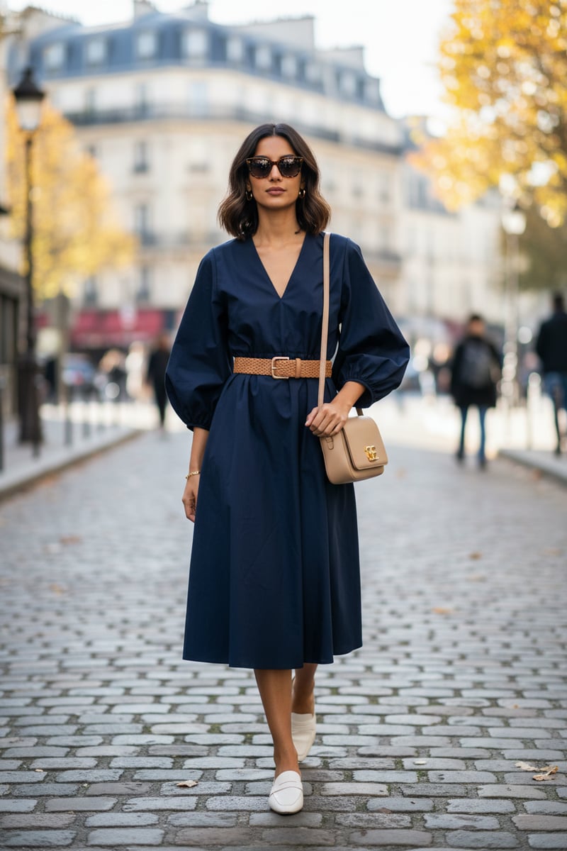 Navy Poplin Midi Dress with Cinched Waist and Balloon Sleeves