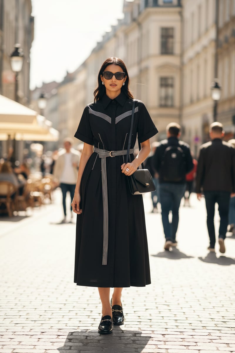 Black Poplin Midi Shirt Dress with Contrast Stitch Belt