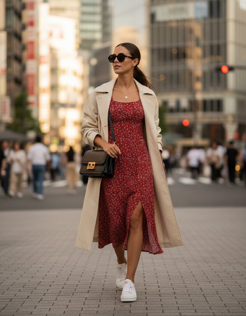 Red Ditsy Floral Scoop Neck Midi Dress with Slit