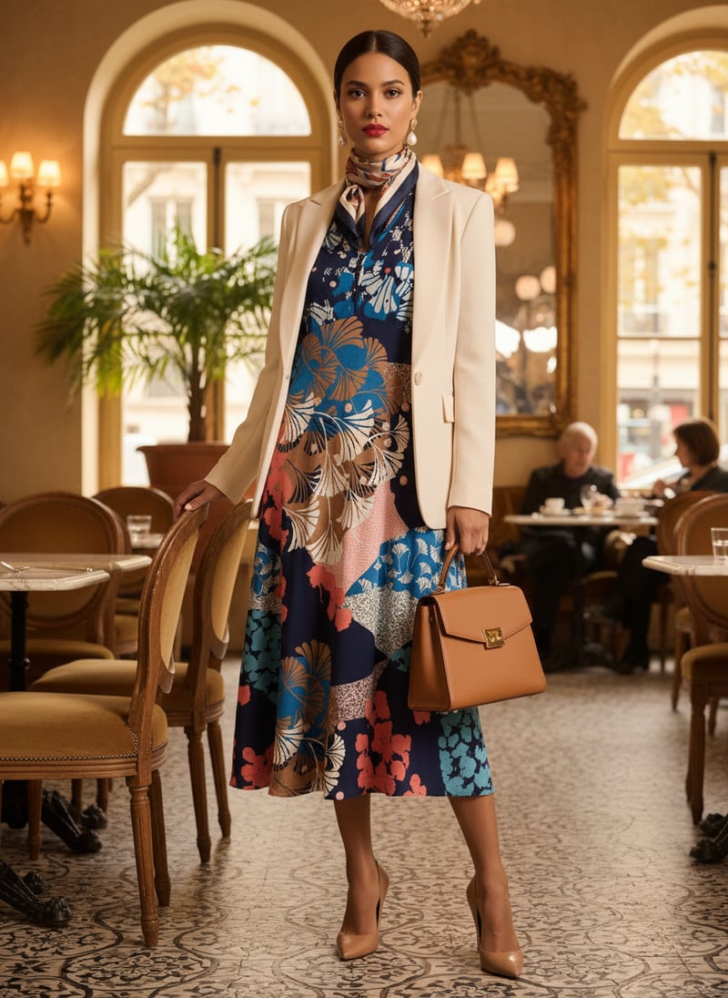 Navy Multi Printed Jersey Fit and Flare Midi Dress