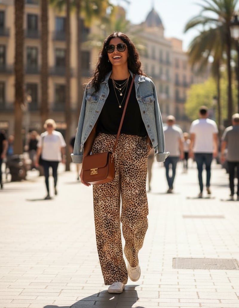 Beige Leopard Print Wide-Leg Drawstring Trousers