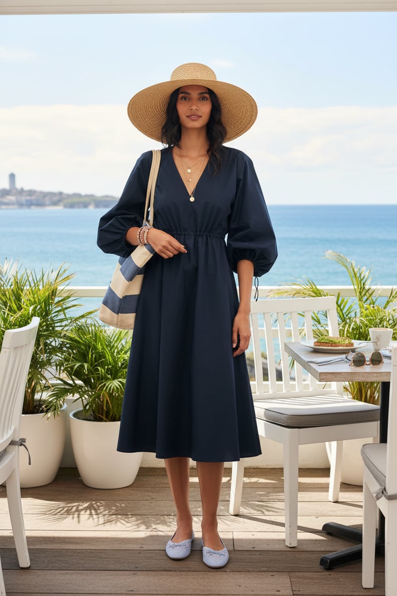 Navy Poplin Midi Dress with Cinched Waist and Balloon Sleeves