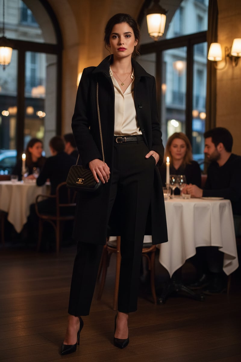 Black Tailored Wool-Blend Belted Coat