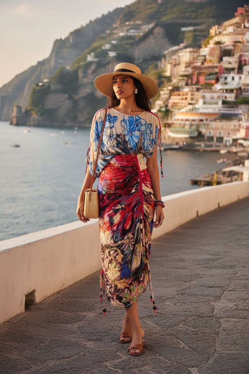 Multi-Color Abstract Floral Micro-Pleated Kaftan Midi Dress