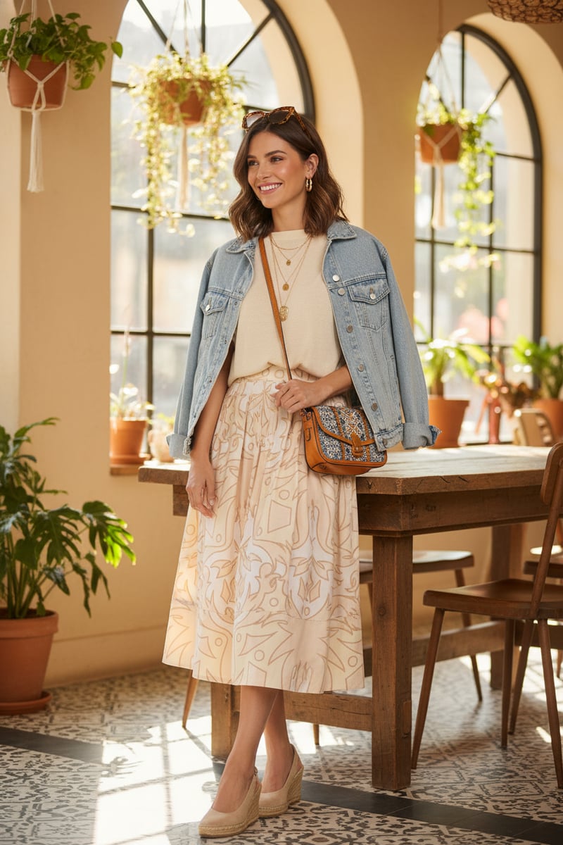 Beige Abstract Geometric Print High-Waist Midi Skirt