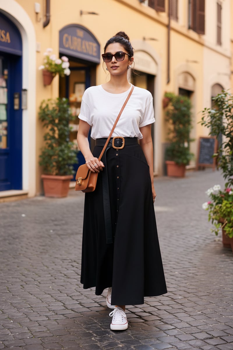 Black High-Waist Flared Maxi Skirt with Button Front