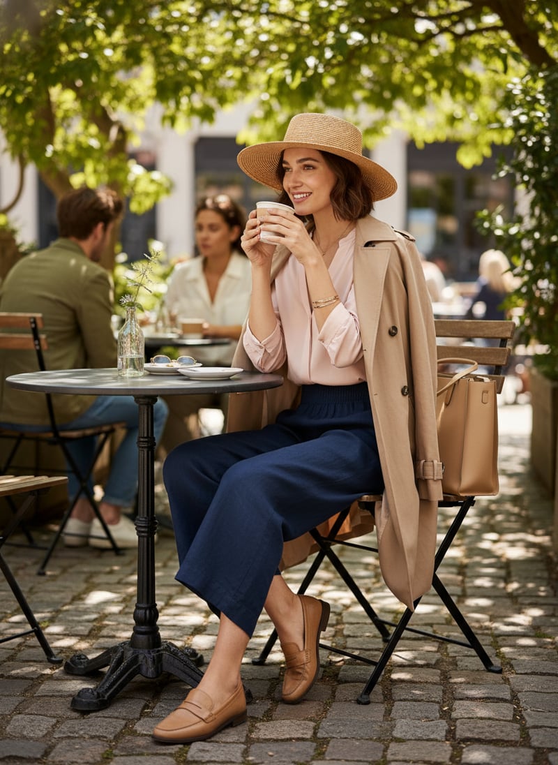 Dark Navy Pull-On Culotte Trousers with Smocked Waist