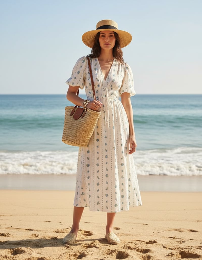 White Floral Fit and Flare Midi Dress with Puff Sleeves