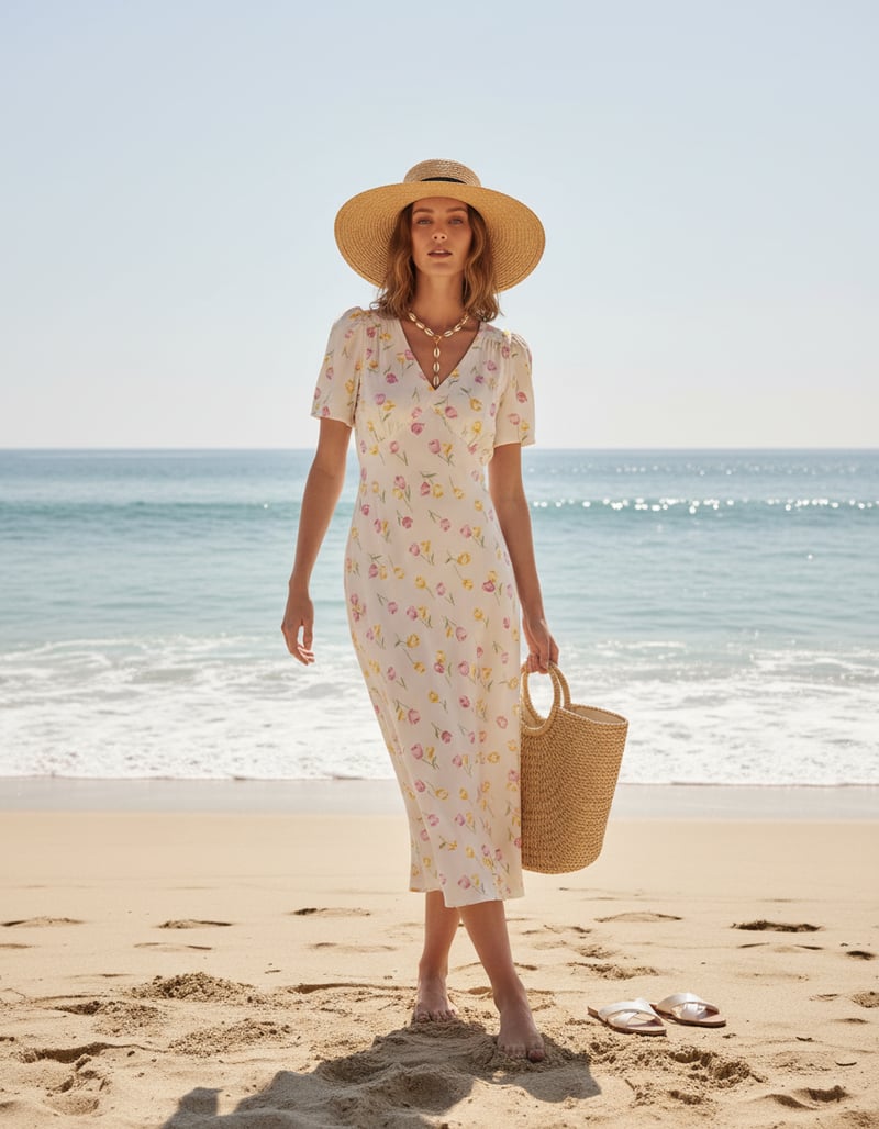 Cream Floral Wrap Midi Dress