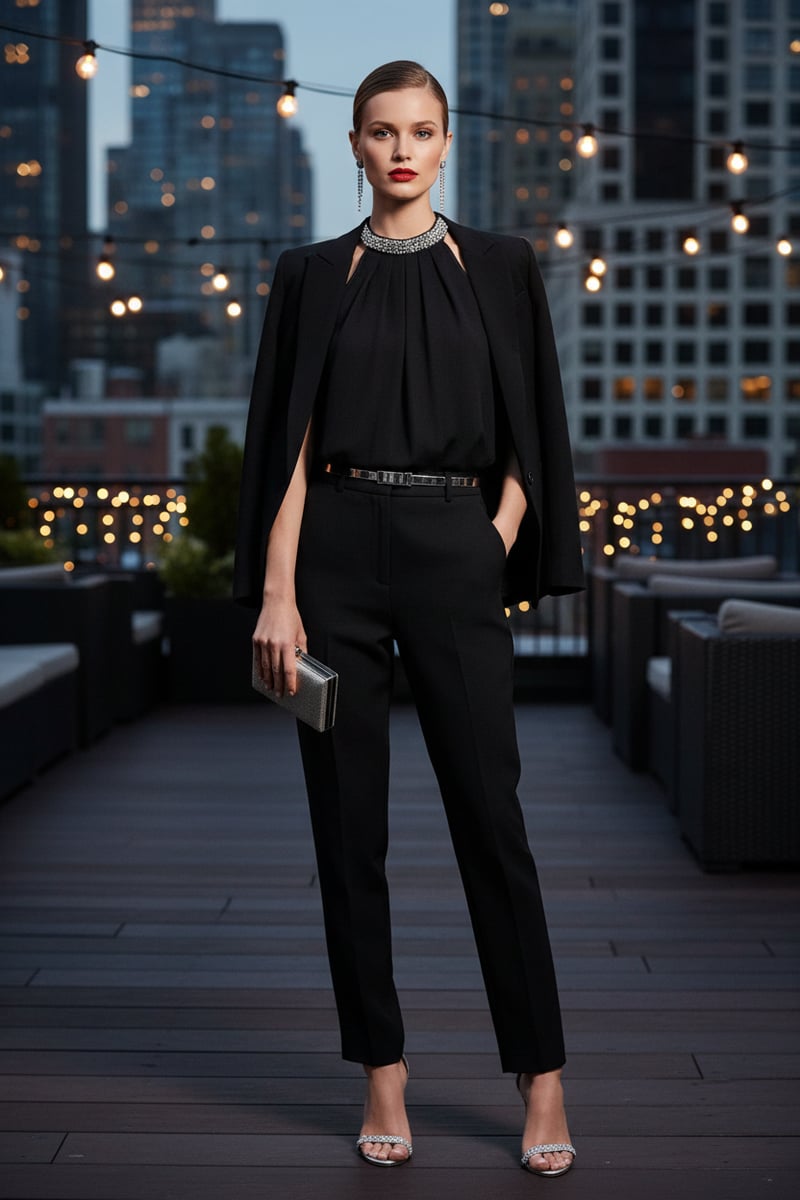 Black Embellished Halter Neck Tie-Back Blouse