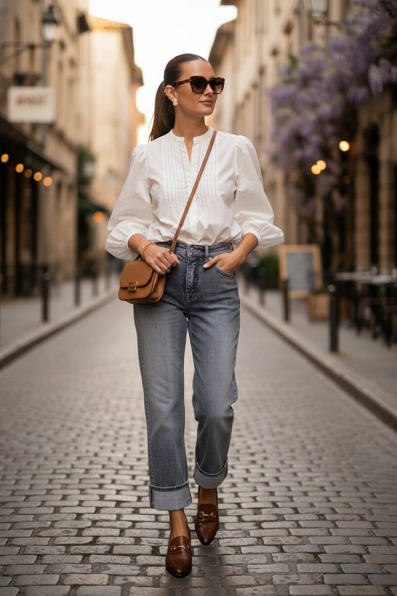 Light Grey High-Rise Straight-Leg Jeans with Cuffed Hem