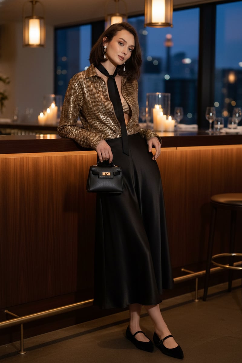 Gold Sequin Button-Down Shirt with Full Sleeves