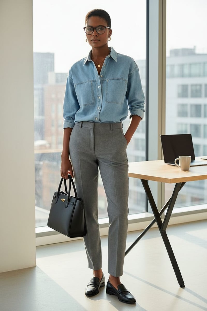 Light Blue Denim Button-Down Shirt with Patch Pockets