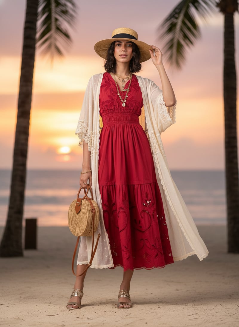 Red Cutwork Tiered Maxi Dress with Smocked Waist