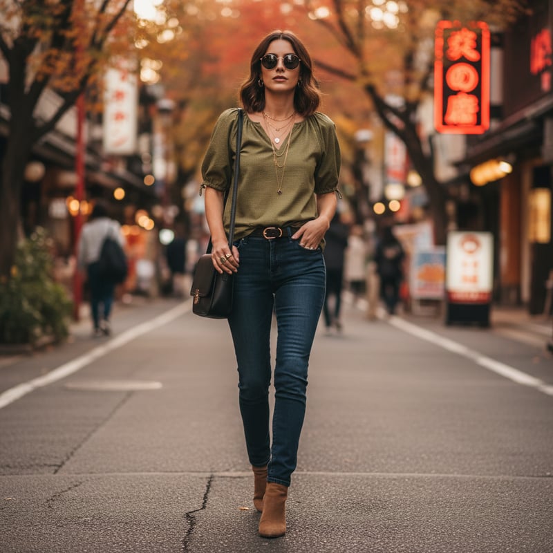 Utility Green Perforated Nylon Puff Sleeve V-Neck Top
