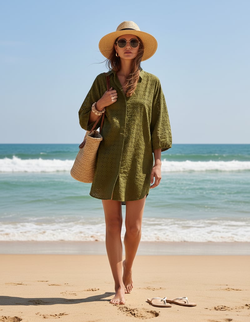 Olive Green Sangallo Cotton Shirt Dress with Cutwork