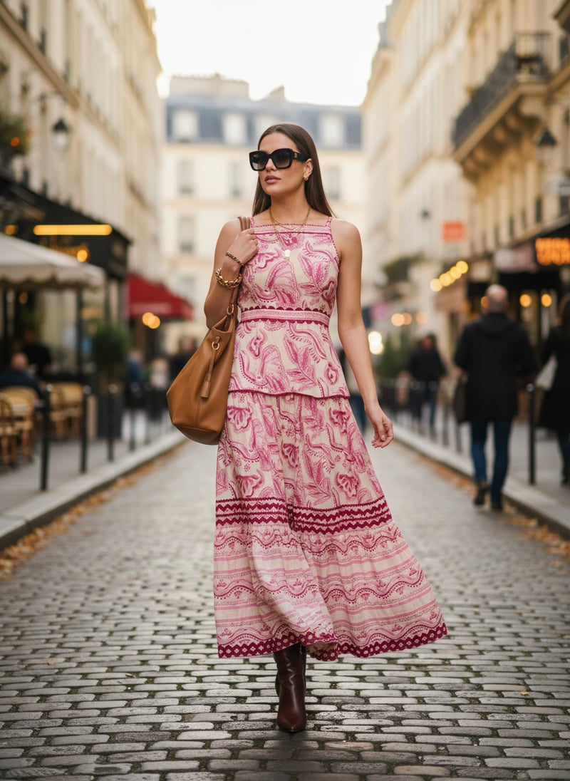 Pink Printed Halter Neck Tiered Maxi Dress