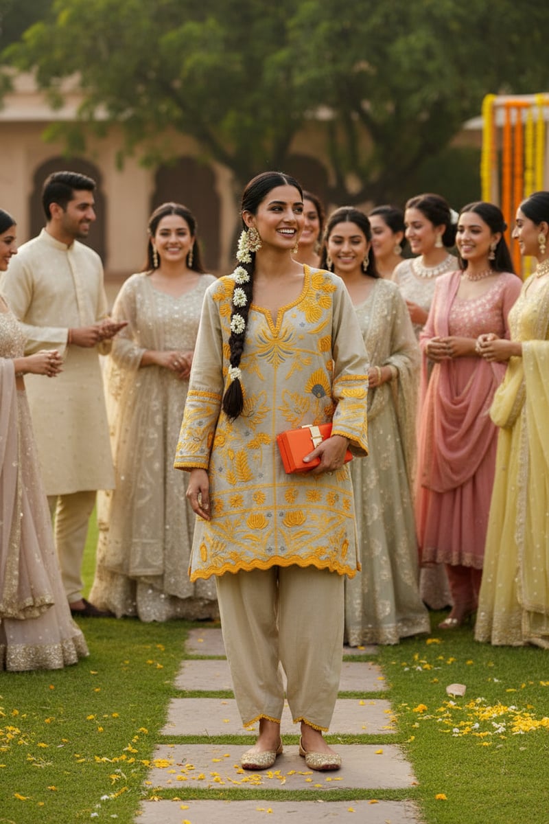 Beige Chanderi Embroidered Kurta Co-ord Set