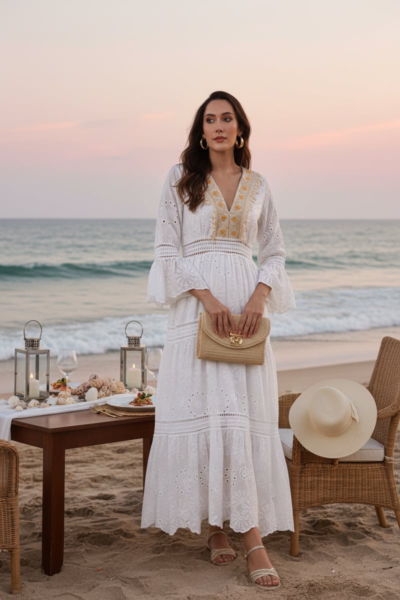 Ekru Tiered Cutwork Maxi Dress with Embellished V-Neck