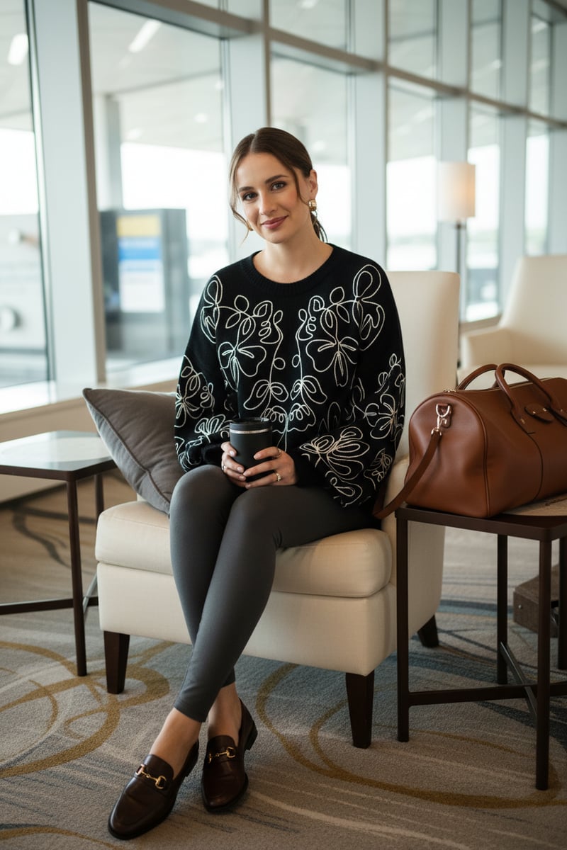 Black Abstract Line-Art Relaxed Fit Sweater