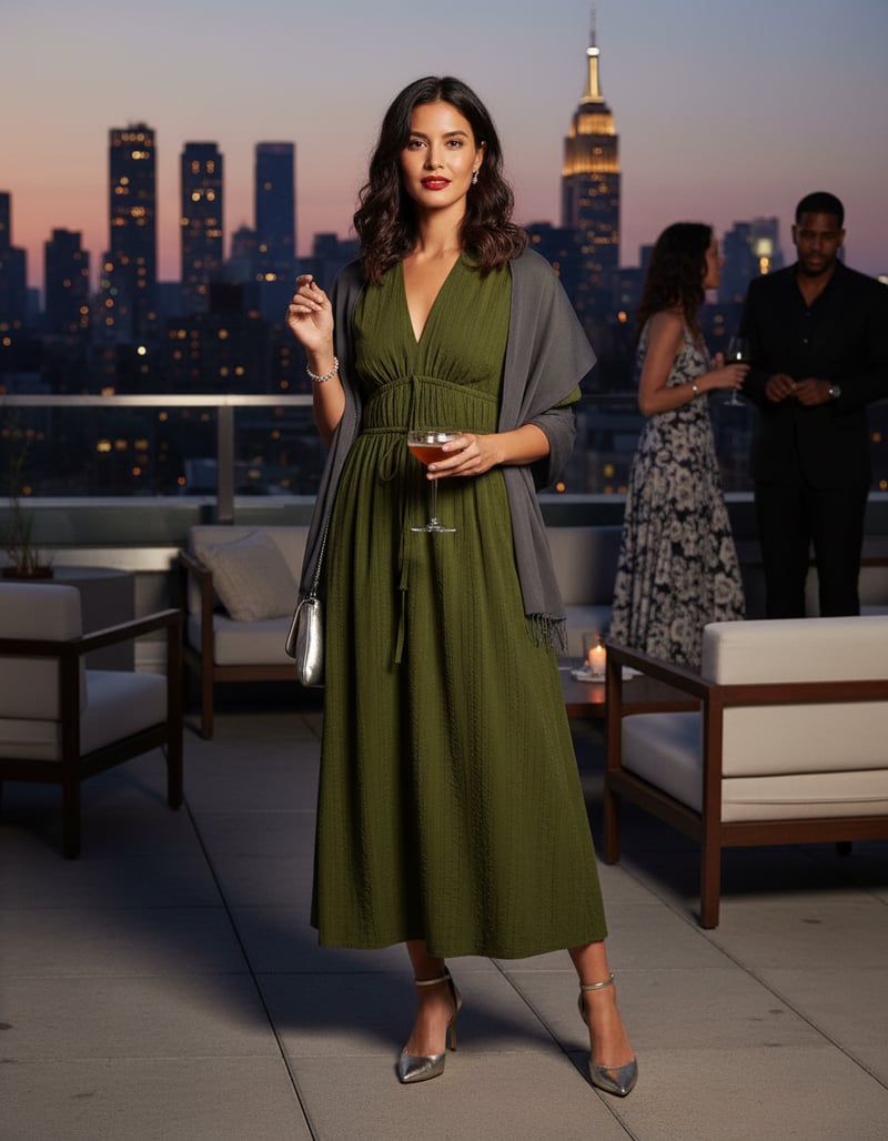 Khaki V-Neck Puff Sleeve Shirred Waist Midi Dress
