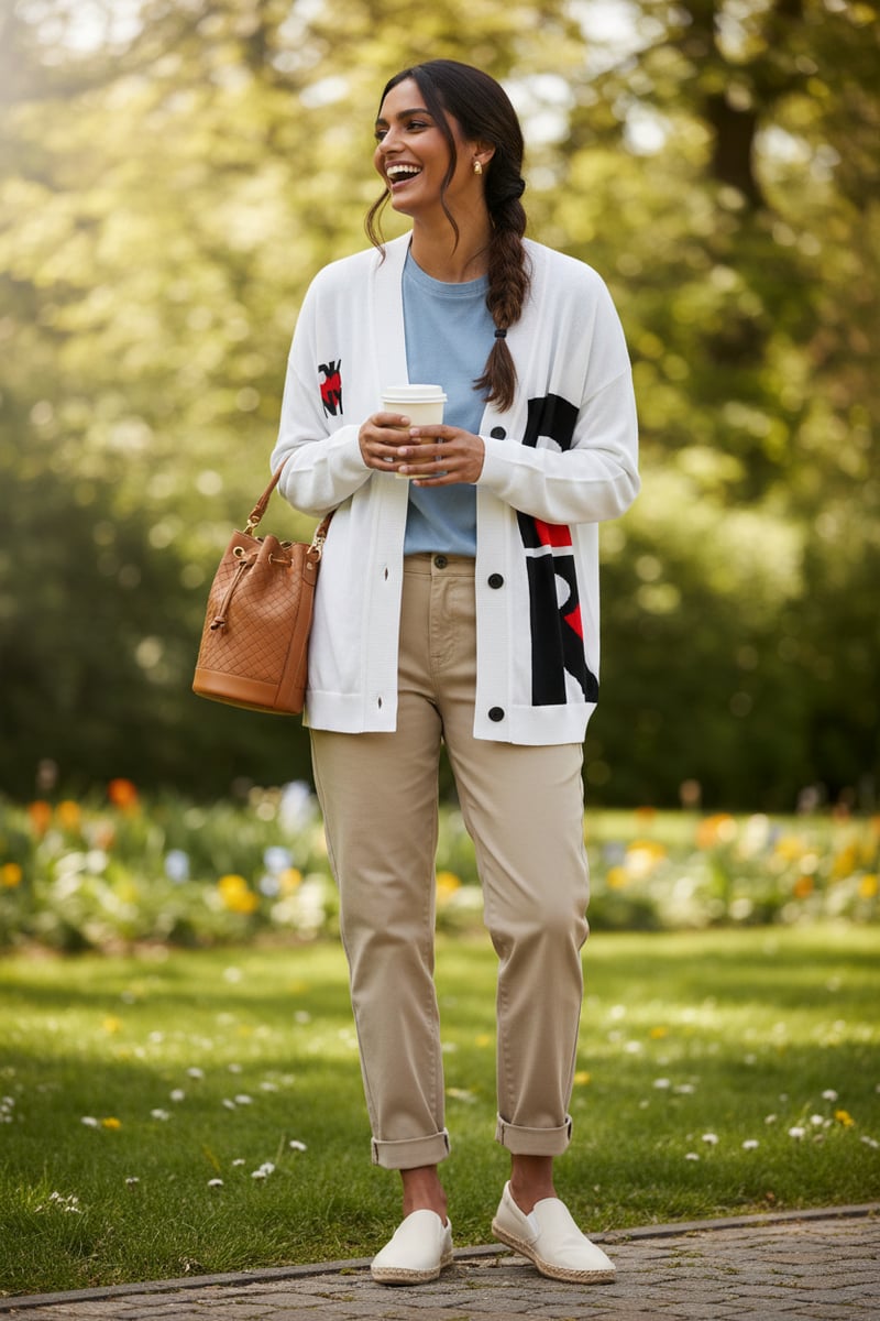 White Colorblock Graphic Button-Up Longline Cardigan